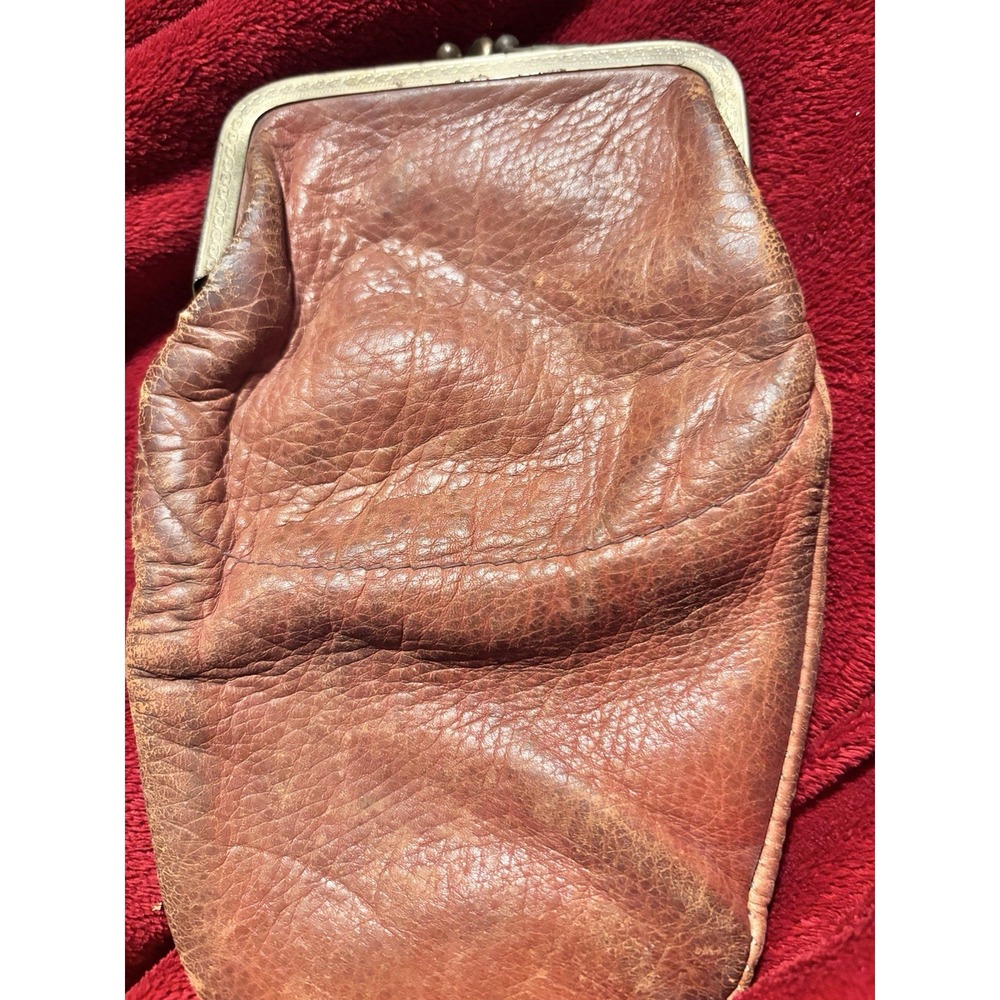 VTG Brown Leather Double Framed Triple Kiss Clasp 6x4 Coin & Long Pocket (desc) - Picture 7 of 8